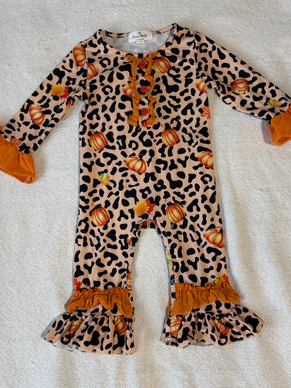 Marie Nicole Leopard Pumpkin Ruffle Romper | 6–12M
